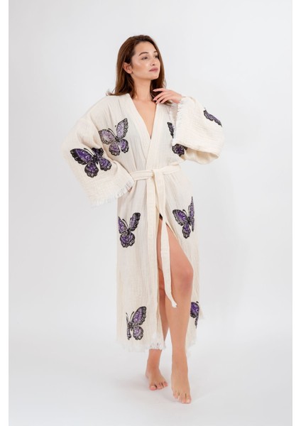 Müslin Kimono %100 Pamuklu Kelebek Baskılı Desenli Bornoz Kaftan Sabahlık fiyatları