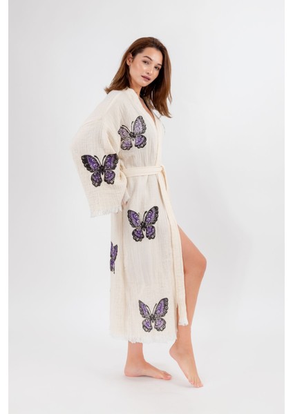 Müslin Kimono %100 Pamuklu Kelebek Baskılı Desenli Bornoz Kaftan Sabahlık fırsatları