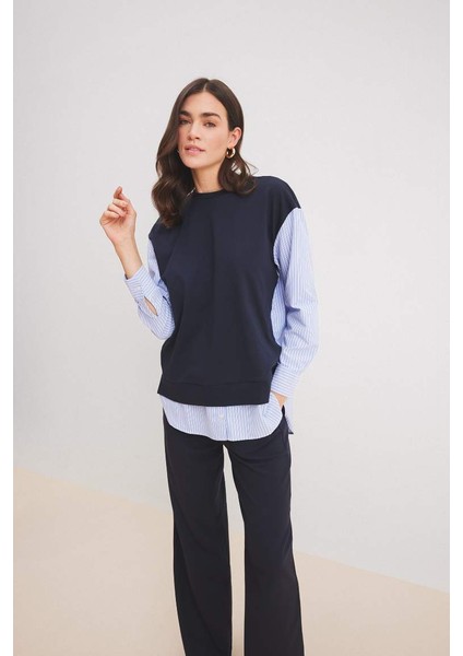 Yeni Sezon Bisiklet Yaka Çizgili Gömlek Görünümlü Sweatshirt Tunik