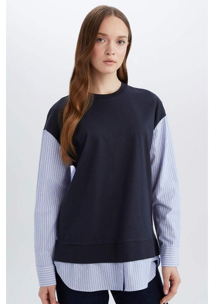 Yeni Sezon Bisiklet Yaka Çizgili Gömlek Görünümlü Sweatshirt Tunik fırsatları