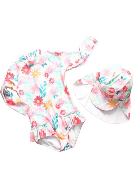 UPF50+ Şapkalı Güneş Korumalı Uzun Kollu Kız Çocuk Pembe Mayo Şapka Set