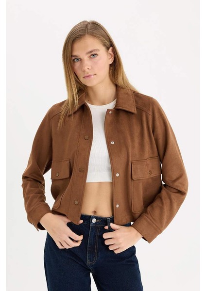 Yeni Sezon Regular Fit Polo Yaka Cepli Basic Düz Süet Ceket Mont modelleri