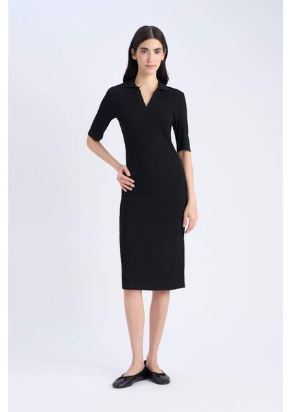 Yeni Sezon Bodycon Vücudu Saran Polo Yaka Fitilli Kaşkorse Kısa Kollu Midi Elbise