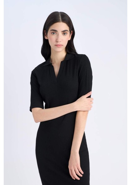 Yeni Sezon Bodycon Vücudu Saran Polo Yaka Fitilli Kaşkorse Kısa Kollu Midi Elbise fırsatları