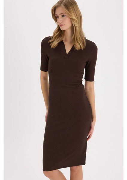 Yeni Sezon Bodycon Vücudu Saran Polo Yaka Basic Düz Fitilli Kaşkorse Kısa Kollu Midi Elbise