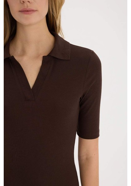 Yeni Sezon Bodycon Vücudu Saran Polo Yaka Basic Düz Fitilli Kaşkorse Kısa Kollu Midi Elbise