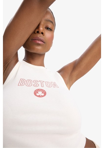 Yeni Sezon Defactofit Nba Boston Celtics Crop Top Bisiklet Yaka Fitilli Kaşkorse Sporcu Atlet