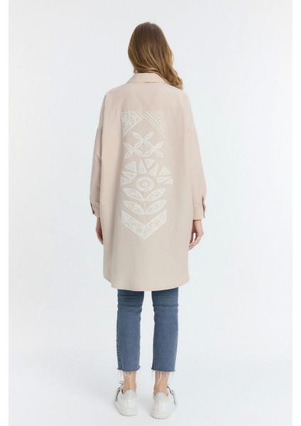Şili Çiçek Figürlü Oversize Kadın Gömlek-Bej