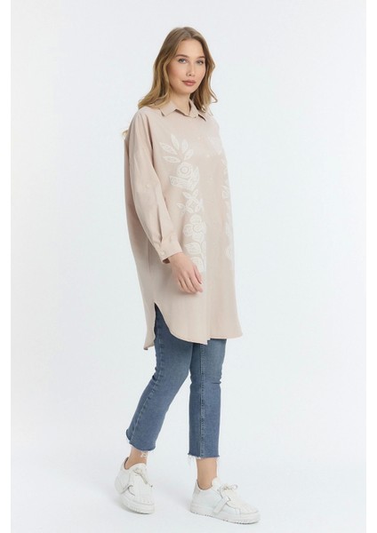Şili Çiçek Figürlü Oversize Kadın Gömlek-Bej