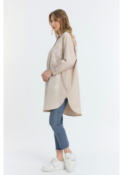 Şili Çiçek Figürlü Oversize Kadın Gömlek-Bej