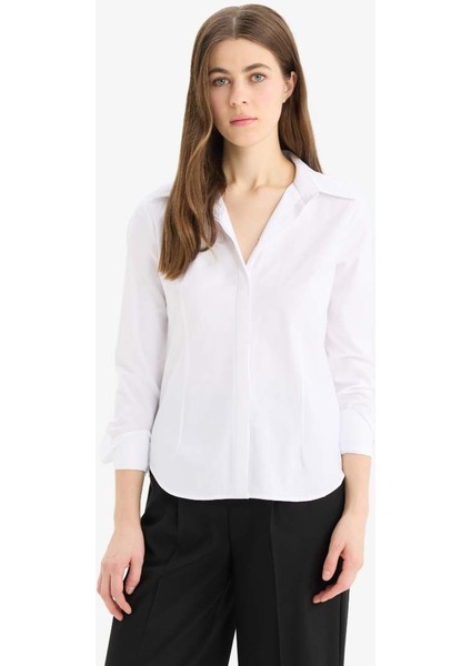Yeni Sezon fitted Basic Düz Bengalin Uzun Kollu Basic Düz Beyaz Gömlek
