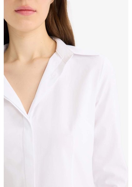 Yeni Sezon fitted Basic Düz Bengalin Uzun Kollu Basic Düz Beyaz Gömlek