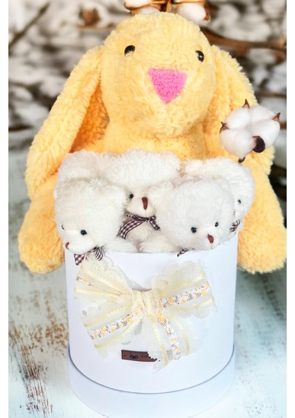 Özel Kutuda, Sarı Jellycat Tavşan, 5 Beyaz Ayıcık – Pamuk Çiçeği Dokunuşlu, Özel Ayıcık Buketi