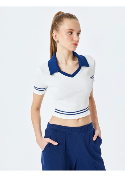 Yeni Sezon Kısa Kollu Polo Yaka Biyeli Crop Tişört