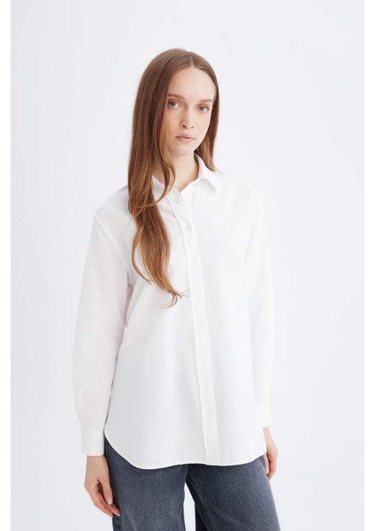 Yeni Sezon Relax Fit Poplin Uzun Kollu Beyaz Gömlek Tunik