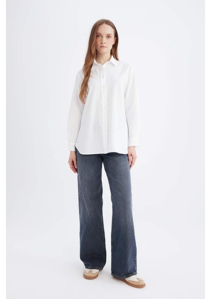 Yeni Sezon Relax Fit Poplin Uzun Kollu Beyaz Gömlek Tunik