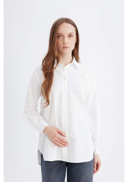Yeni Sezon Relax Fit Poplin Uzun Kollu Beyaz Gömlek Tunik