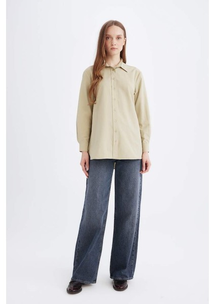 Yeni Sezon Relax Fit Basic Düz Poplin Uzun Kollu Gömlek Tunik