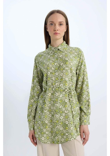 Yeni Sezon regular Fit Desenli Kuşaklı Uzun Kollu Gömlek Tunik