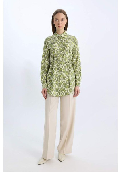 Yeni Sezon regular Fit Desenli Kuşaklı Uzun Kollu Gömlek Tunik