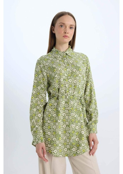 Yeni Sezon regular Fit Desenli Kuşaklı Uzun Kollu Gömlek Tunik