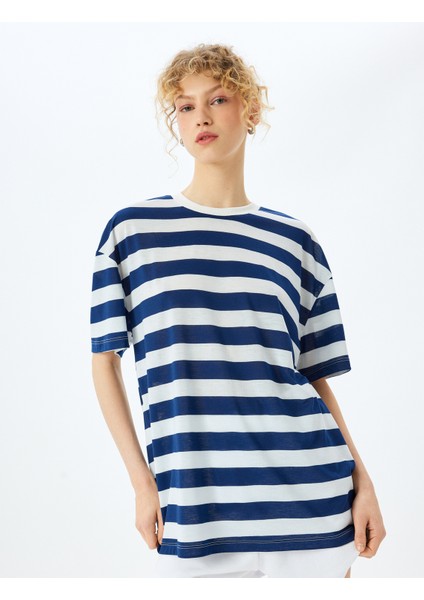Yeni Sezon Çizgili Bisiklet Yaka Kısa Kollu Oversize Tişört modelleri