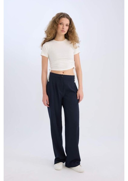 Yeni Sezon Wide Leg Kumaş Palazzo Pantolon Normal Bel Geniş Bol Paça Cepli Standart Boy fırsatları