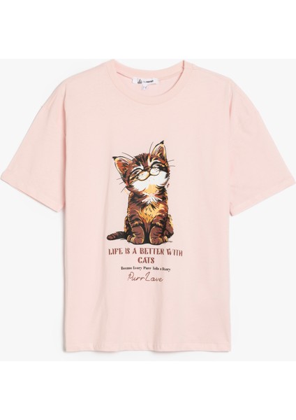 Yeni Sezon Kedi Baskılı Bisiklet Yaka Kısa Kollu Oversize Tişört