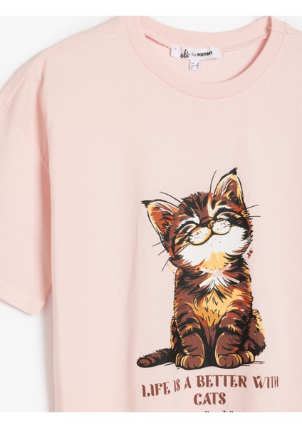 Yeni Sezon Kedi Baskılı Bisiklet Yaka Kısa Kollu Oversize Tişört