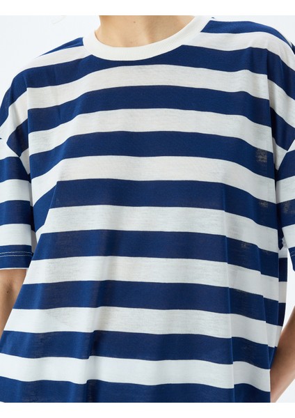 Yeni Sezon Çizgili Bisiklet Yaka Kısa Kollu Oversize Tişört indirimleri
