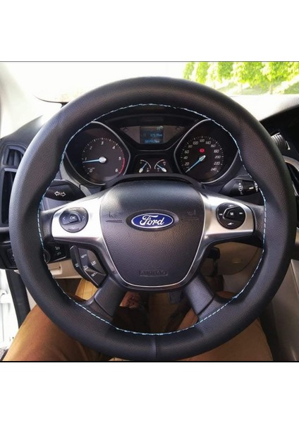 Dikişli Direksiyon Kılıfı Siyah Deri Açık Mavi Dikişli Ford Focus 2012-13-14 Için