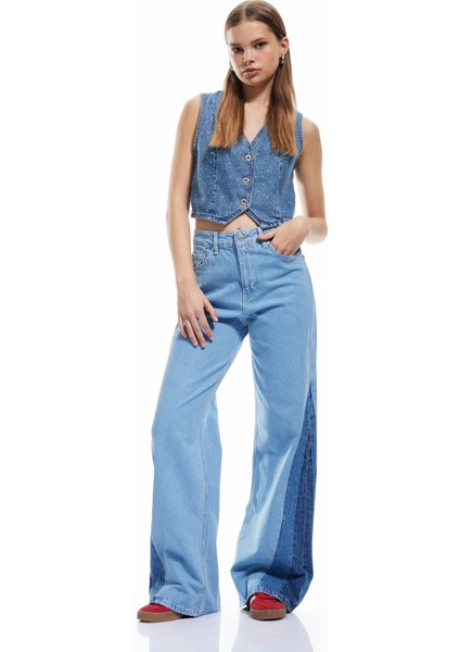 Yeni Sezon Yüksek Bel Geniş Paça Renk Bloklu Pamuklu Denim Pantolon- Wide Leg Jeans