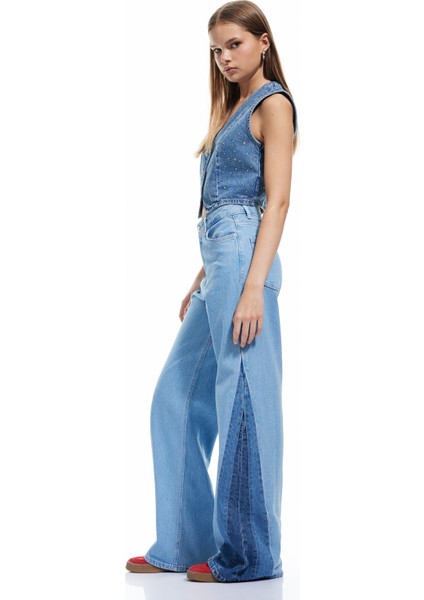 Yeni Sezon Yüksek Bel Geniş Paça Renk Bloklu Pamuklu Denim Pantolon- Wide Leg Jeans fiyatları