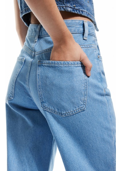Yeni Sezon Yüksek Bel Geniş Paça Renk Bloklu Pamuklu Denim Pantolon- Wide Leg Jeans modelleri