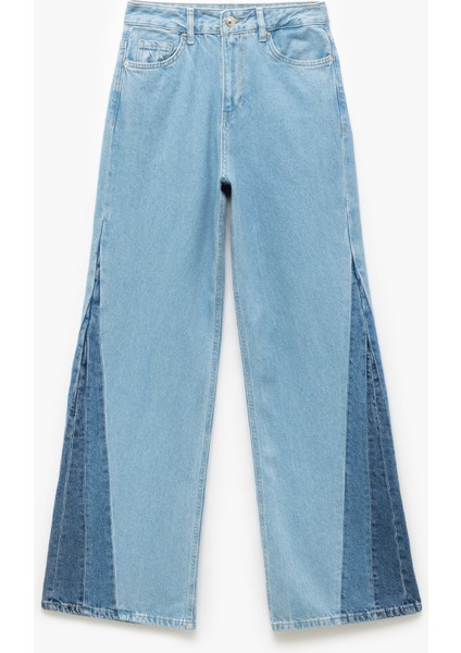 Yeni Sezon Yüksek Bel Geniş Paça Renk Bloklu Pamuklu Denim Pantolon- Wide Leg Jeans fırsatları