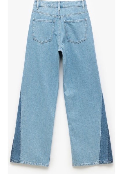 Yeni Sezon Yüksek Bel Geniş Paça Renk Bloklu Pamuklu Denim Pantolon- Wide Leg Jeans indirimleri