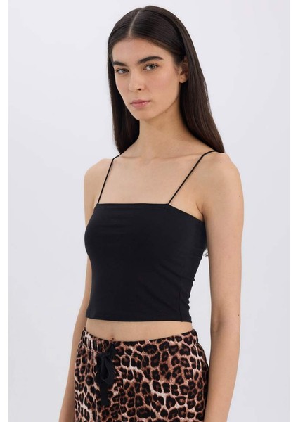 Yeni Sezon Crop Pamuklu Siyah Askılı Atlet-Fall In Love