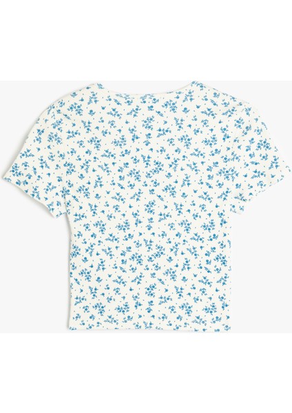Yeni Sezon V Yaka Düğmeli Çiçek Desenli Slim Fit Crop Tişört fiyatları
