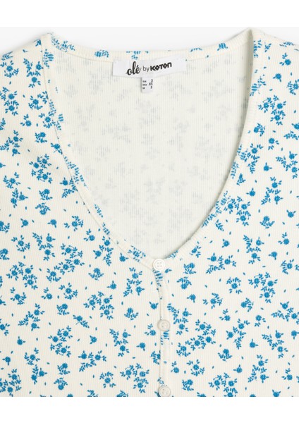 Yeni Sezon V Yaka Düğmeli Çiçek Desenli Slim Fit Crop Tişört modelleri