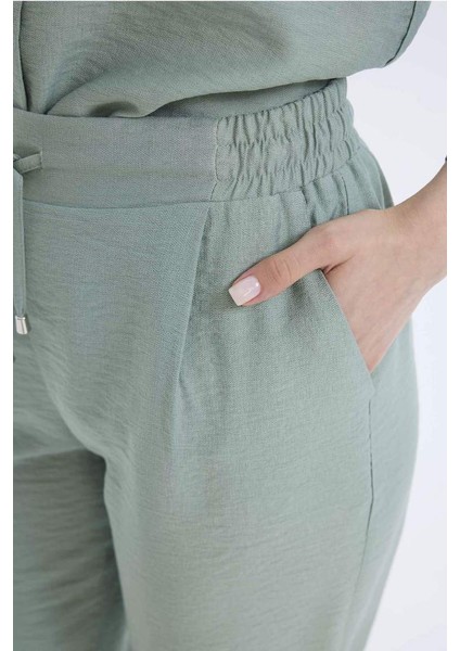 Yeni Sezon Jogger Pantolon Keten Görünümlü Cepli Yüksek Bel Düz Paça