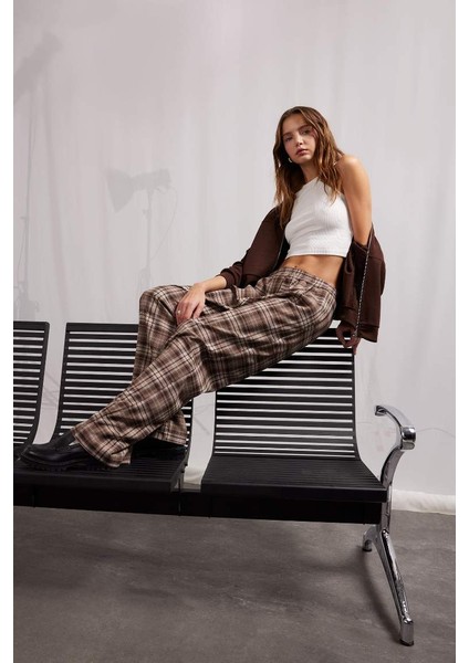 Yeni Sezon Coool Straight Fit Kareli Kumaş Pantolon Kareli Normal Bel
