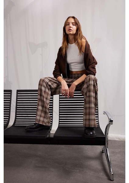 Yeni Sezon Coool Straight Fit Kareli Kumaş Pantolon Kareli Normal Bel