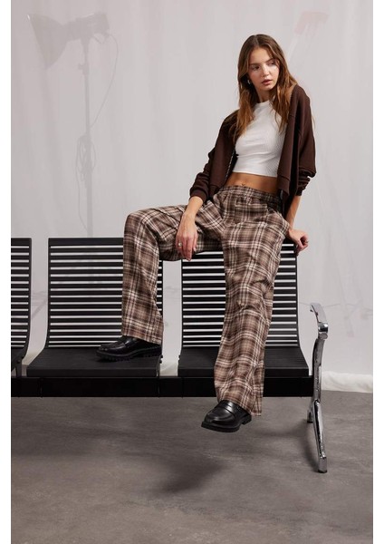 Yeni Sezon Coool Straight Fit Kareli Kumaş Pantolon Kareli Normal Bel