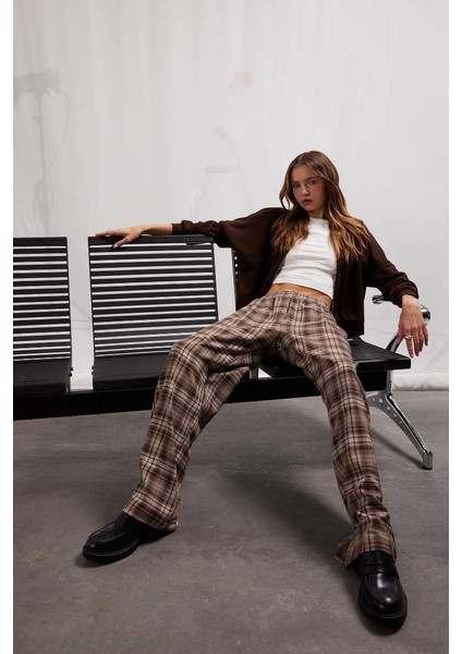 Yeni Sezon Coool Straight Fit Kareli Kumaş Pantolon Kareli Normal Bel