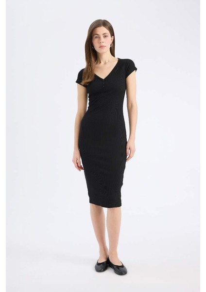 Yeni Sezon Bodycon Vücudu Saran V Yaka Fitilli Kaşkorse Kısa Kollu Midi Elbise