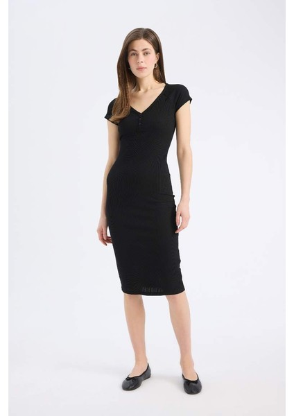 Yeni Sezon Bodycon Vücudu Saran V Yaka Fitilli Kaşkorse Kısa Kollu Midi Elbise