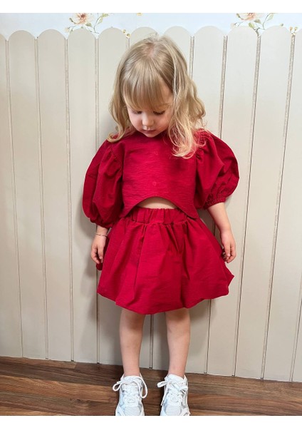 Poplin Kumaş Balon Etekli Arkası Çıtçıtlı Gömlekli Kız Çocuk Takım