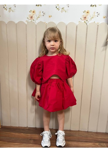 Poplin Kumaş Balon Etekli Arkası Çıtçıtlı Gömlekli Kız Çocuk Takım fiyatları