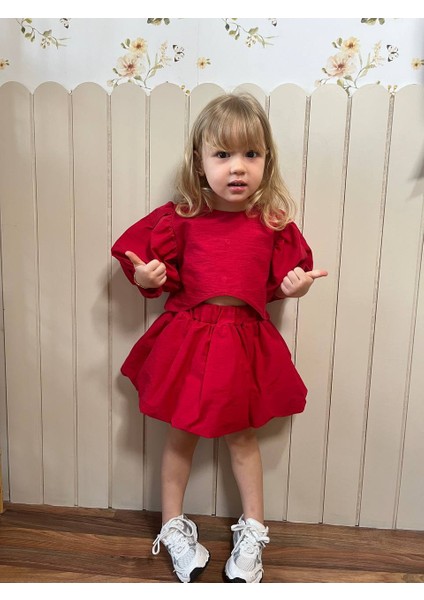 Poplin Kumaş Balon Etekli Arkası Çıtçıtlı Gömlekli Kız Çocuk Takım modelleri