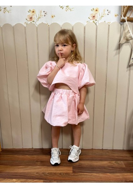 Poplin Kumaş Balon Etekli Arkası Çıtçıtlı Gömlekli Kız Çocuk Takım